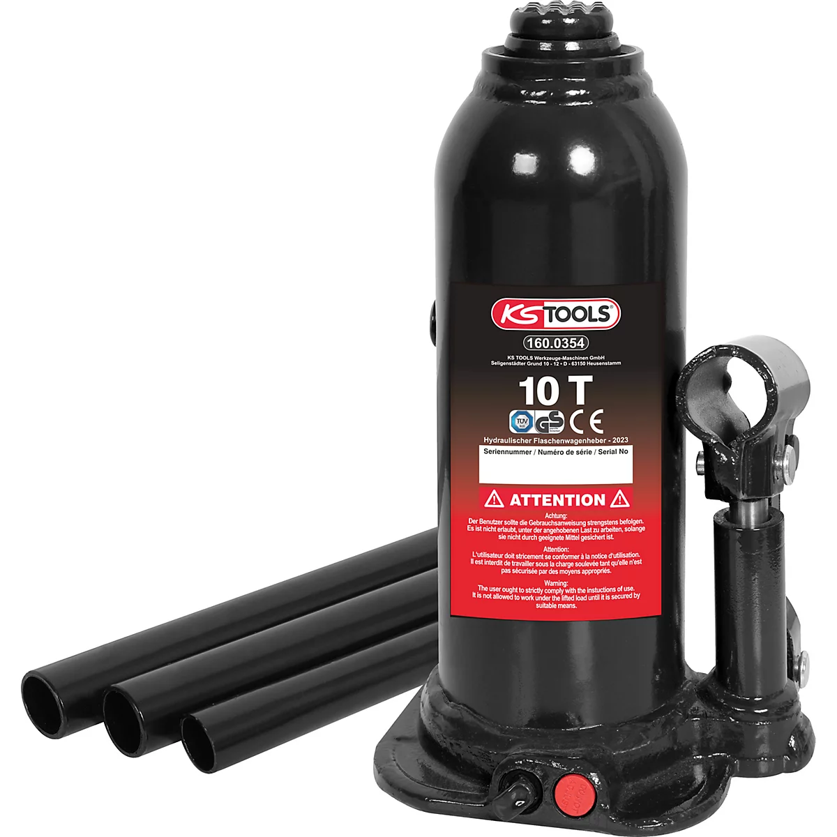 Schwarzer hydraulischer Flaschenwagenheber mit 10T Kapazität und Bedienungsanleitung.